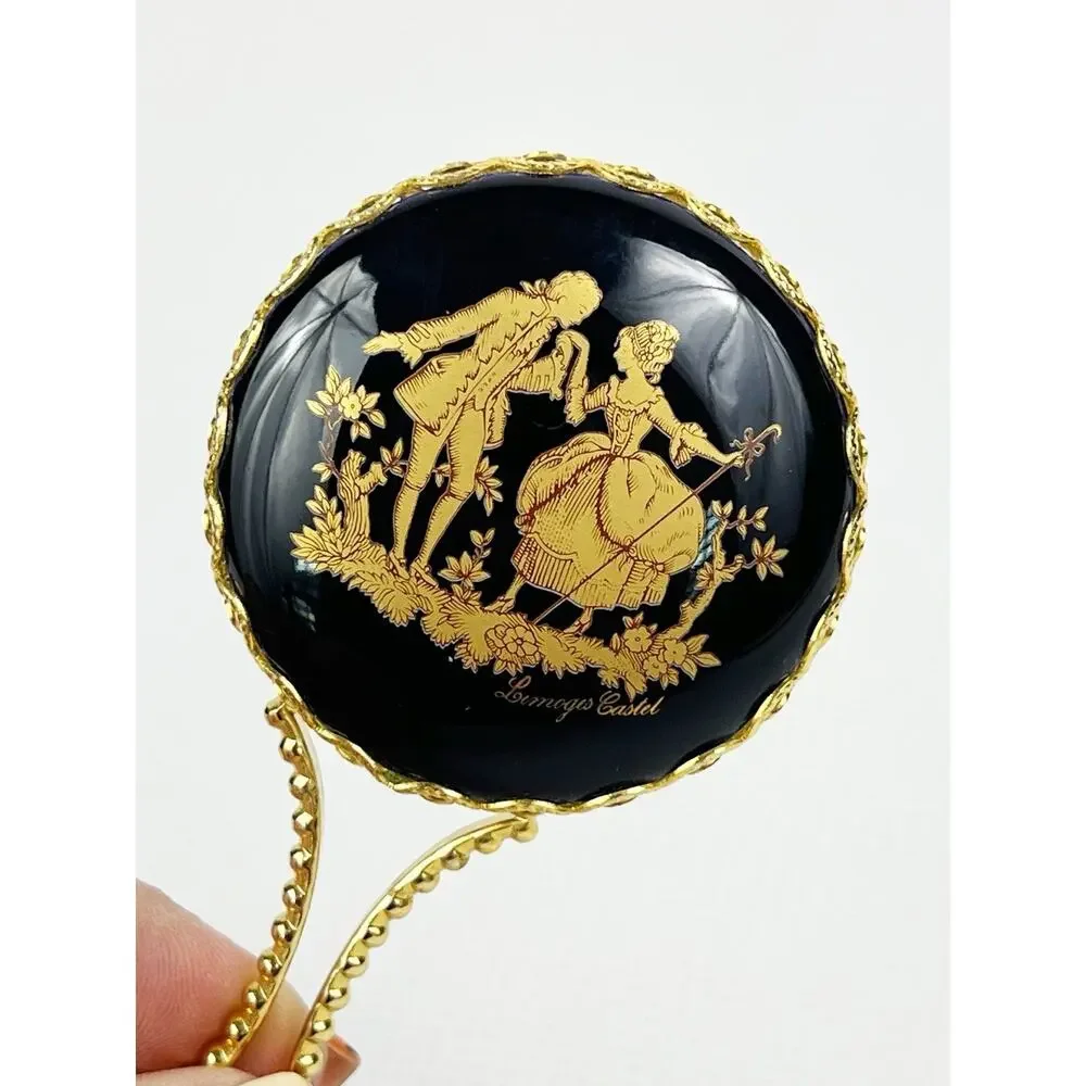 Vintage LIMOGES France Handheld Mirror Black & Gold Porcelain Vanity 4.5